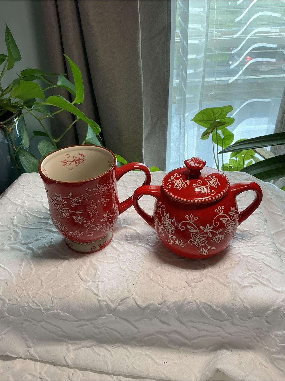 Temp-Tations Red Floral Ceramic Mug and Sugar Bowl Set